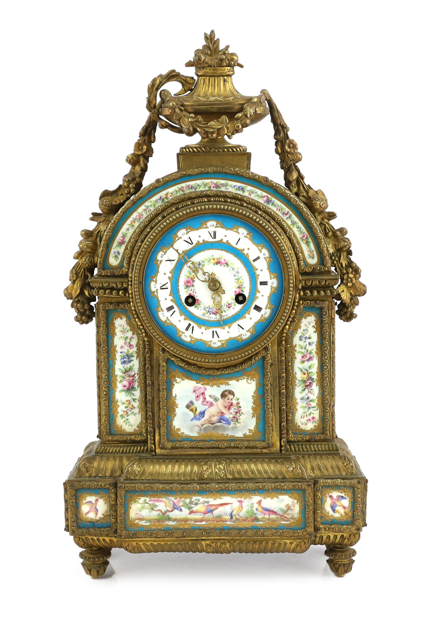 Robin à Paris, a 19th century French ormolu and Sevres style porcelain mantel clock